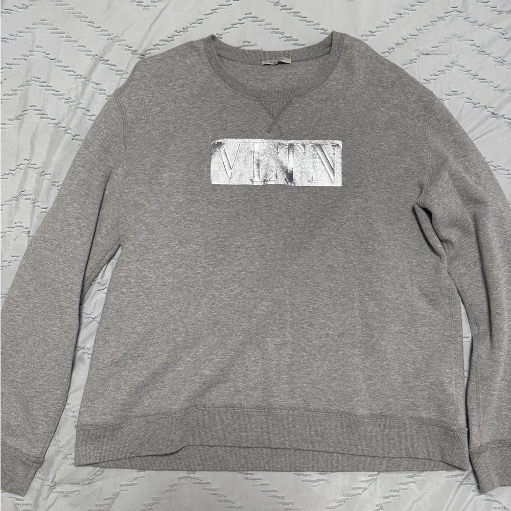 Valentino Gray Crewneck Sweater with Silver Accent